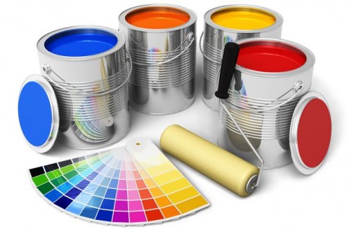 Cans with color paint, roller brush and color guide